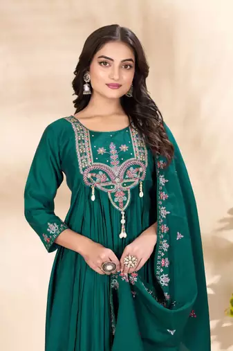 Teal Color multi-thread & sequence embroidery Hand Work Roman Silk Kurta Pent Set