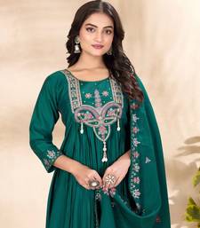 Teal Color multi-thread & sequence embroidery Hand Work Roman Silk Kurta pant Set