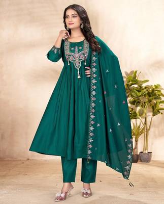 Teal Color multi-thread & sequence embroidery Hand Work Roman Silk Kurta Pent Set 1