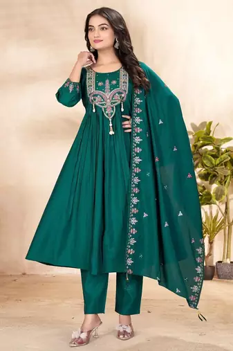 Teal Color multi-thread & sequence embroidery Hand Work Roman Silk Kurta pant Set