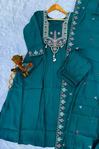 Teal Color multi-thread & sequence embroidery Hand Work Roman Silk Kurta Pent Set