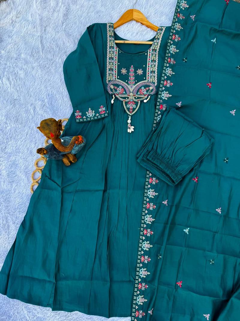 Teal Color multi-thread & sequence embroidery Hand Work Roman Silk Kurta pant Set