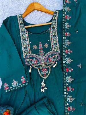 Teal Color multi-thread & sequence embroidery Hand Work Roman Silk Kurta Pent Set 4