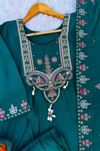 Teal Color multi-thread & sequence embroidery Hand Work Roman Silk Kurta Pent Set