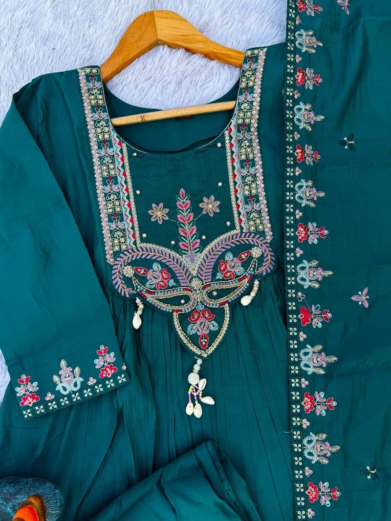 Teal Color multi-thread & sequence embroidery Hand Work Roman Silk Kurta pant Set