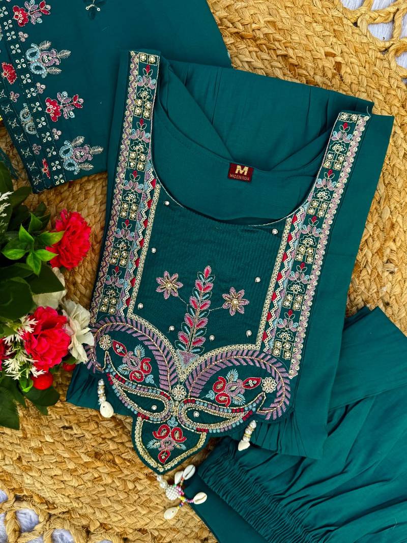 Teal Color multi-thread & sequence embroidery Hand Work Roman Silk Kurta pant Set