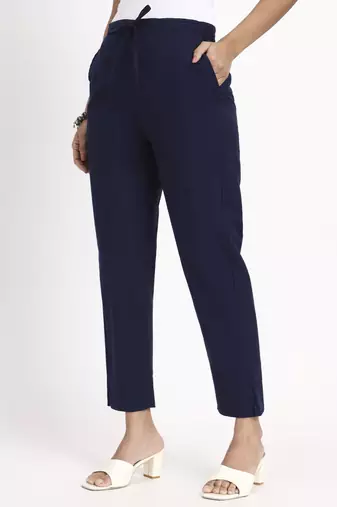 navy blue mid-rise ankle-length regular fit poplin pants