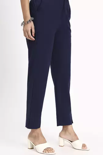 navy blue mid-rise ankle-length regular fit poplin pants