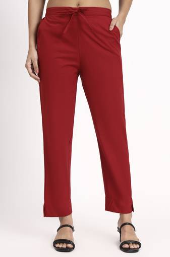 maroon mid-rise ankle-length regular fit poplin pants