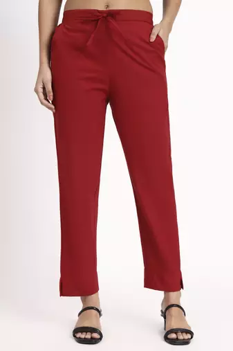 maroon mid-rise ankle-length regular fit poplin pants