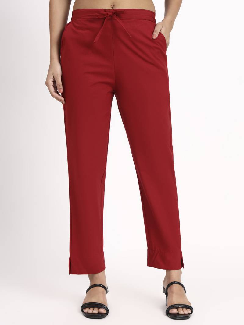 maroon mid-rise ankle-length regular fit poplin pants