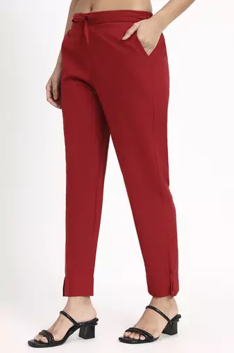 maroon mid-rise ankle-length regular fit poplin pants