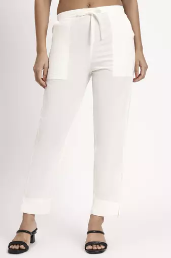 off white mid-rise ankle-length regular fit poplin pants