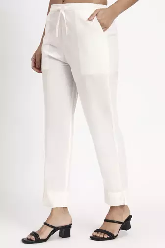off white mid-rise ankle-length regular fit poplin pants