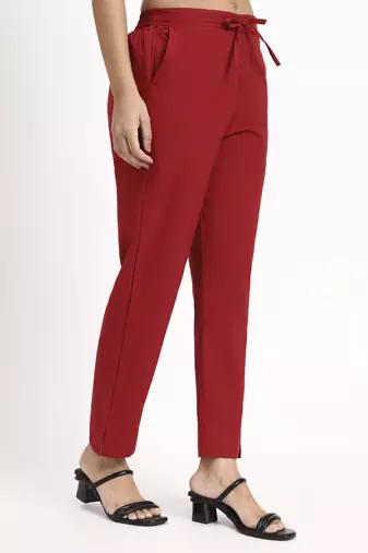 maroon mid-rise ankle-length regular fit poplin pants