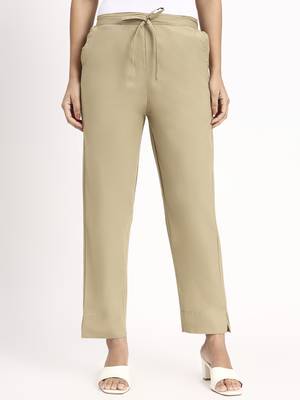 beige mid-rise ankle-length regular fit poplin pants 1
