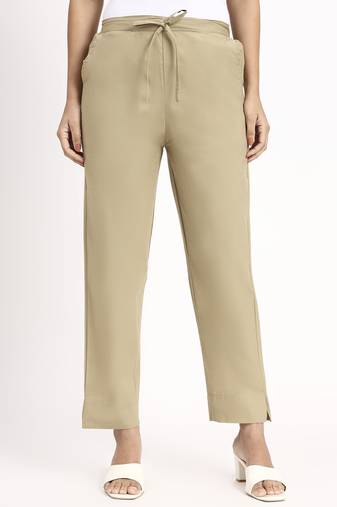 beige mid-rise ankle-length regular fit poplin pants