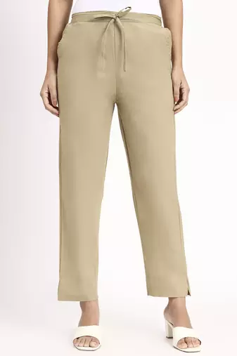 beige mid-rise ankle-length regular fit poplin pants