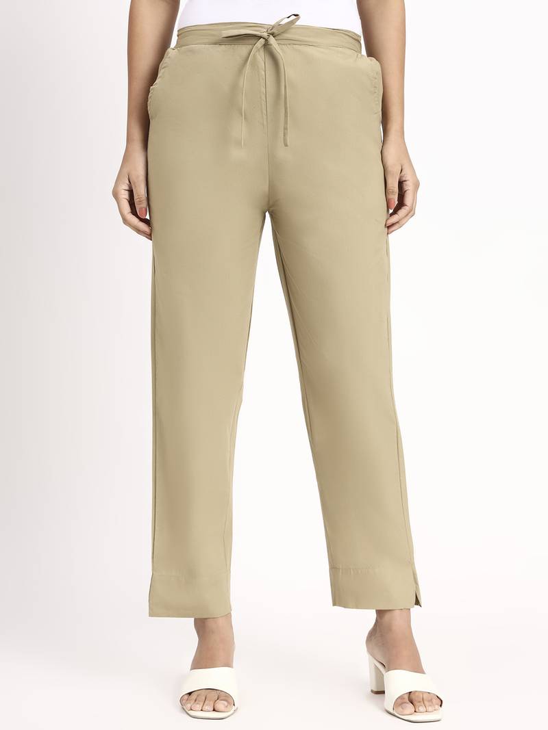 beige mid-rise ankle-length regular fit poplin pants
