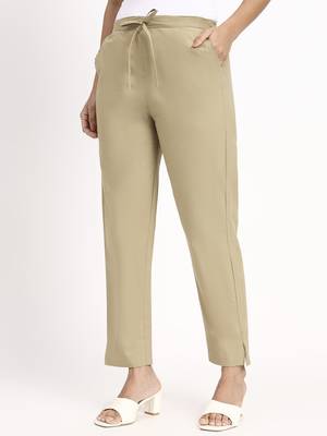 beige mid-rise ankle-length regular fit poplin pants 2