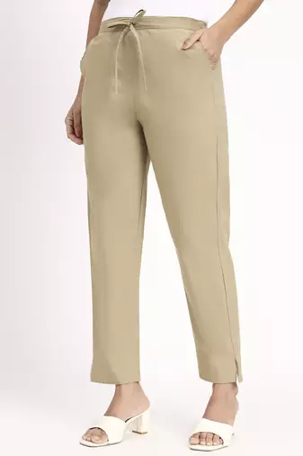 beige mid-rise ankle-length regular fit poplin pants