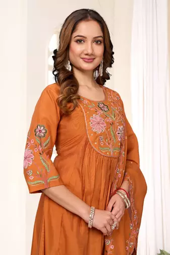 Orange Color Embroidery Thread With Hand Work Viscose Roman Silk Kurta Pent Set
