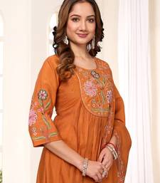 Orange Color Embroidery Thread With Hand Work Viscose Roman Silk Kurta pant Set