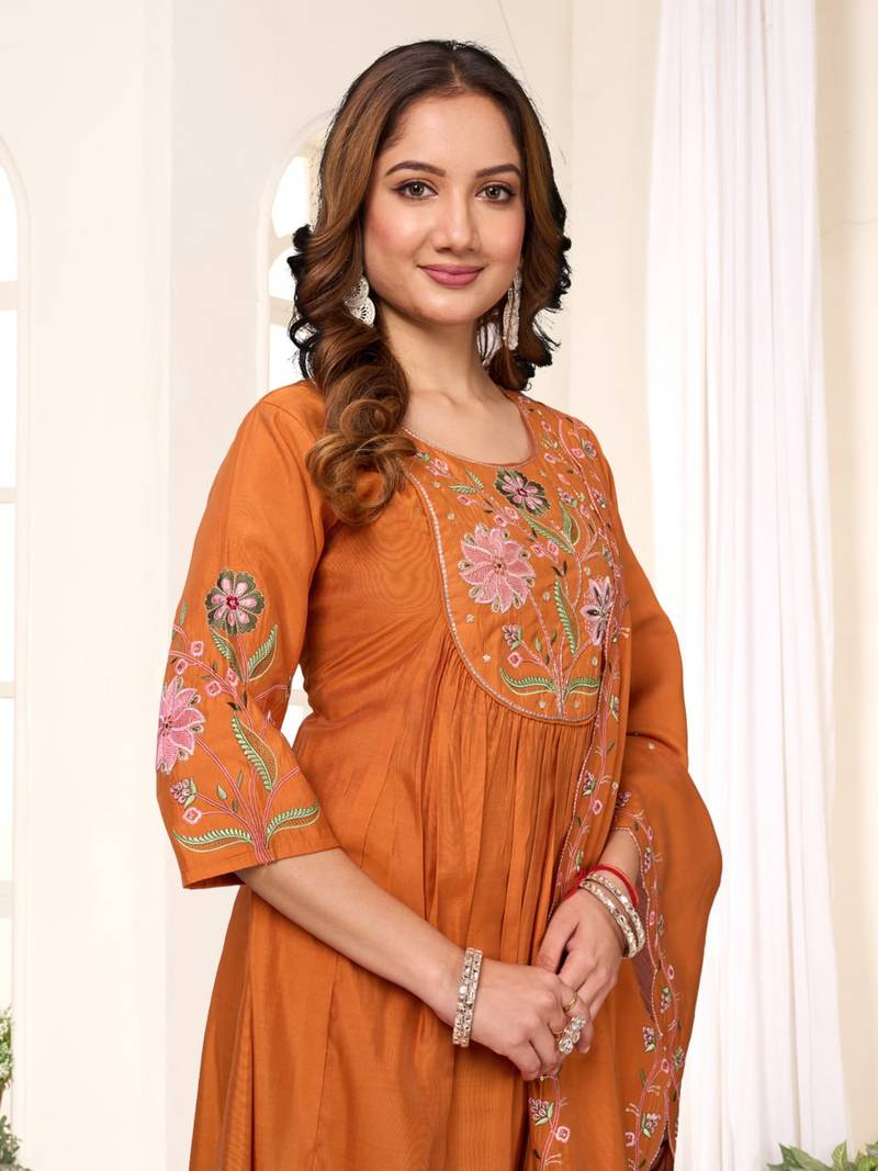 Orange Color Embroidery Thread With Hand Work Viscose Roman Silk Kurta pant Set