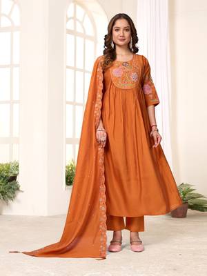 Orange Color Embroidery Thread With Hand Work Viscose Roman Silk Kurta Pent Set 1
