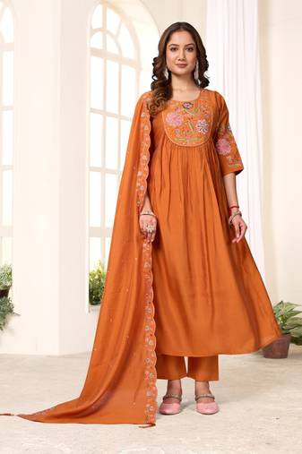 Orange Color Embroidery Thread With Hand Work Viscose Roman Silk Kurta pant Set
