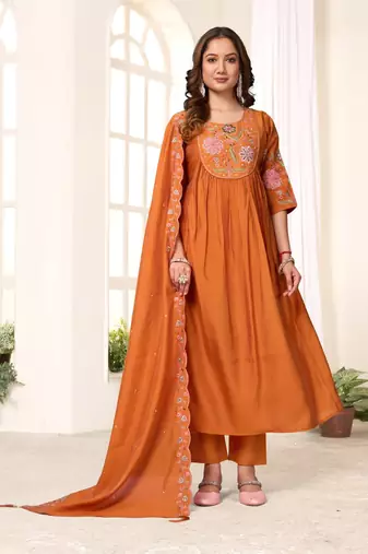 Orange Color Embroidery Thread With Hand Work Viscose Roman Silk Kurta pant Set
