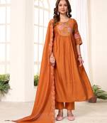 Orange Color Embroidery Thread With Hand Work Viscose Roman Silk Kurta pant Set