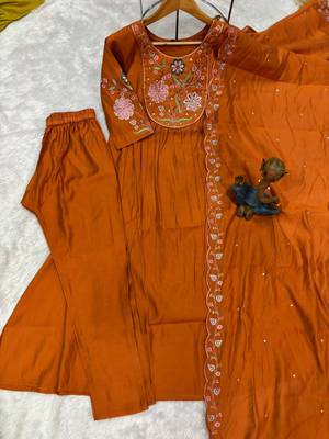 Orange Color Embroidery Thread With Hand Work Viscose Roman Silk Kurta Pent Set 3