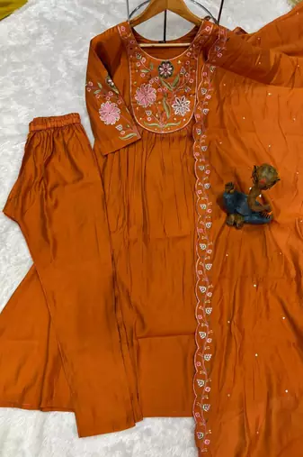 Orange Color Embroidery Thread With Hand Work Viscose Roman Silk Kurta Pent Set