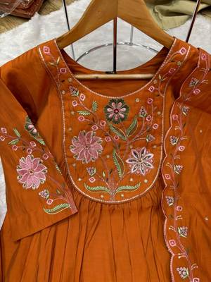 Orange Color Embroidery Thread With Hand Work Viscose Roman Silk Kurta Pent Set 4