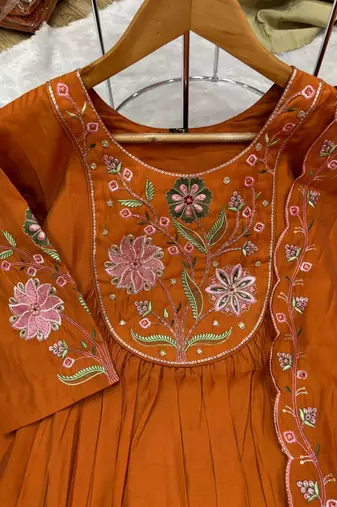 Orange Color Embroidery Thread With Hand Work Viscose Roman Silk Kurta Pent Set