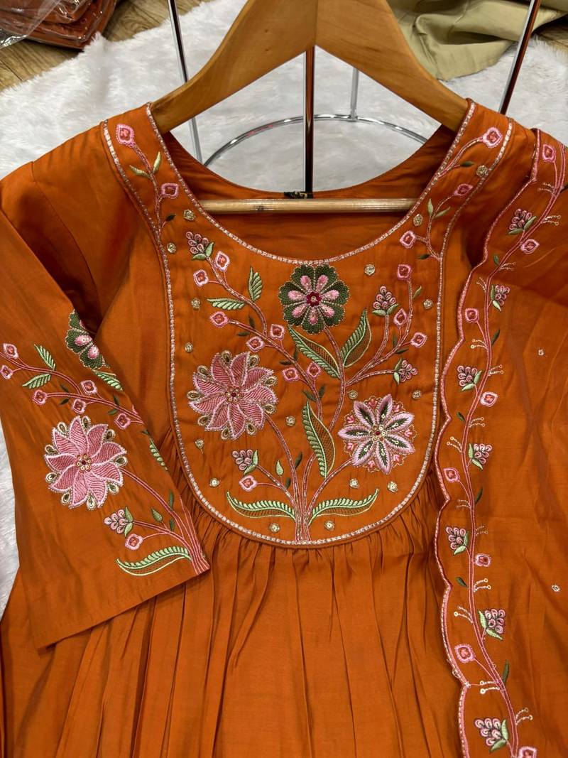 Orange Color Embroidery Thread With Hand Work Viscose Roman Silk Kurta pant Set