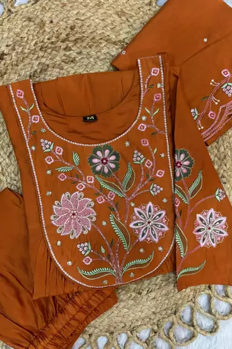 Orange Color Embroidery Thread With Hand Work Viscose Roman Silk Kurta Pent Set