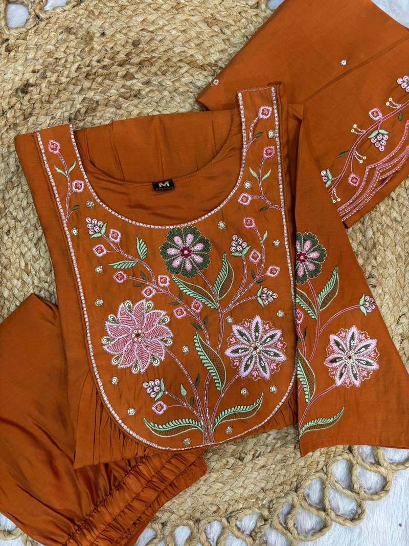 Orange Color Embroidery Thread With Hand Work Viscose Roman Silk Kurta pant Set