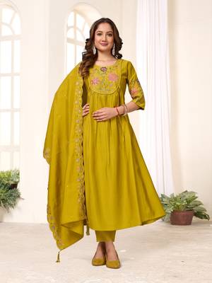 Pear Color Embroidery Thread With Hand Work Viscose Roman Silk Kurta Pent Set 1