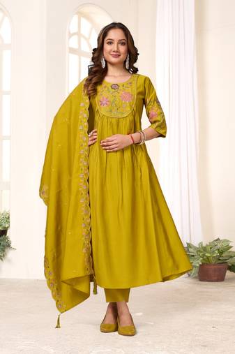 Pear Color Embroidery Thread With Hand Work Viscose Roman Silk Kurta pant Set