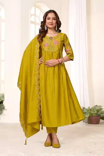 Pear Color Embroidery Thread With Hand Work Viscose Roman Silk Kurta pant Set
