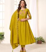 Pear Color Embroidery Thread With Hand Work Viscose Roman Silk Kurta pant Set