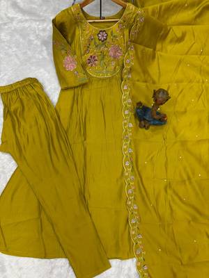 Pear Color Embroidery Thread With Hand Work Viscose Roman Silk Kurta Pent Set 3