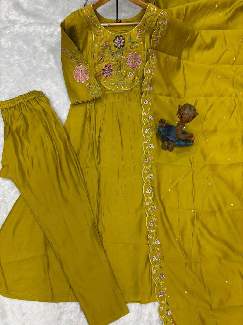 Pear Color Embroidery Thread With Hand Work Viscose Roman Silk Kurta pant Set