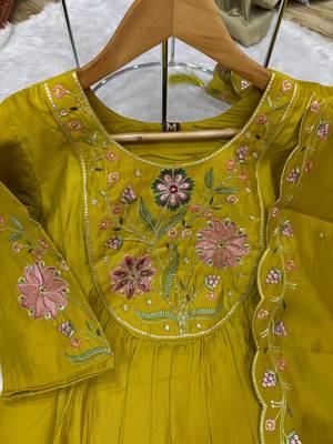 Pear Color Embroidery Thread With Hand Work Viscose Roman Silk Kurta Pent Set 4