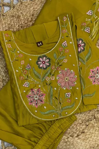 Pear Color Embroidery Thread With Hand Work Viscose Roman Silk Kurta Pent Set