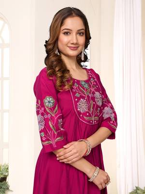 Rani Pink Color Embroidery Thread With Hand Work Viscose Roman Silk Kurta Pent Set 2