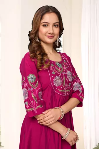Rani Pink Color Embroidery Thread With Hand Work Viscose Roman Silk Kurta Pent Set