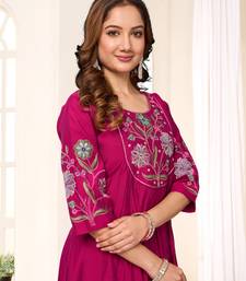 Rani Pink Color Embroidery Thread With Hand Work Viscose Roman Silk Kurta pant Set